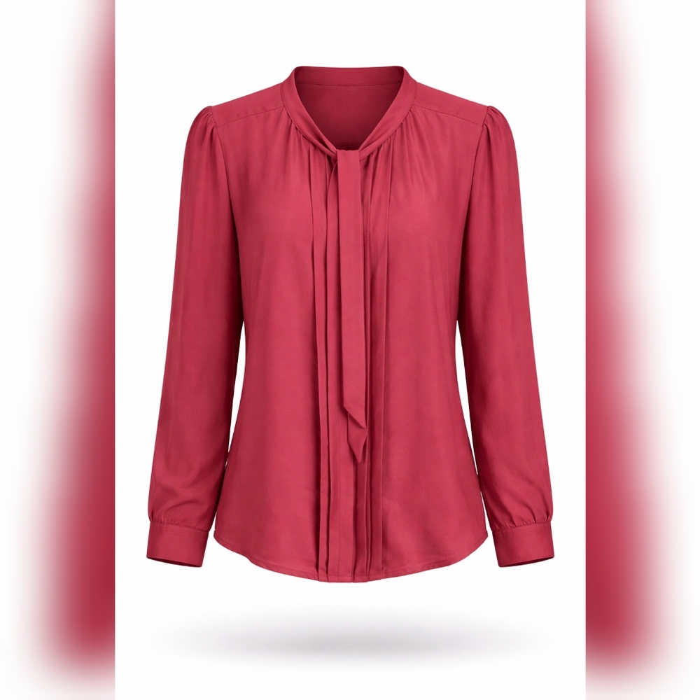 Womens Large LOFT Tie Neck Blouse Berry Pleated Front Long Sleeve Blouse top